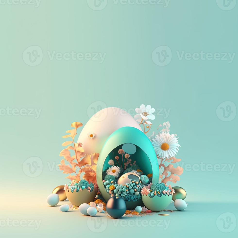 Easter Illustration Background with Copy Space In Shiny 3D Eggs and Flower Ornaments photo