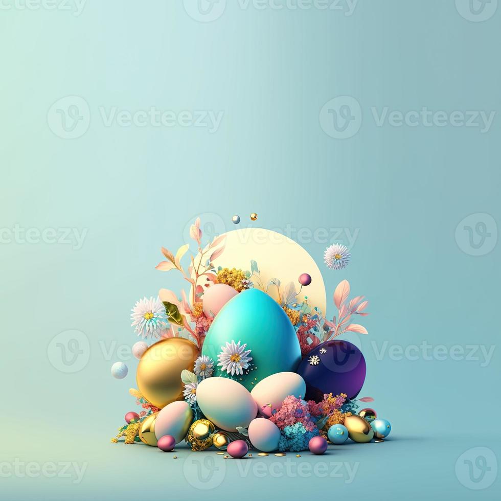 Colorful Easter Party Greeting Card with Shiny 3D Eggs and Flowers photo