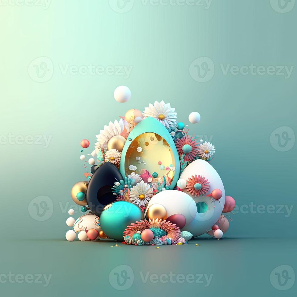 Easter Festive Greeting Card with Shiny 3D Eggs and Flowers photo