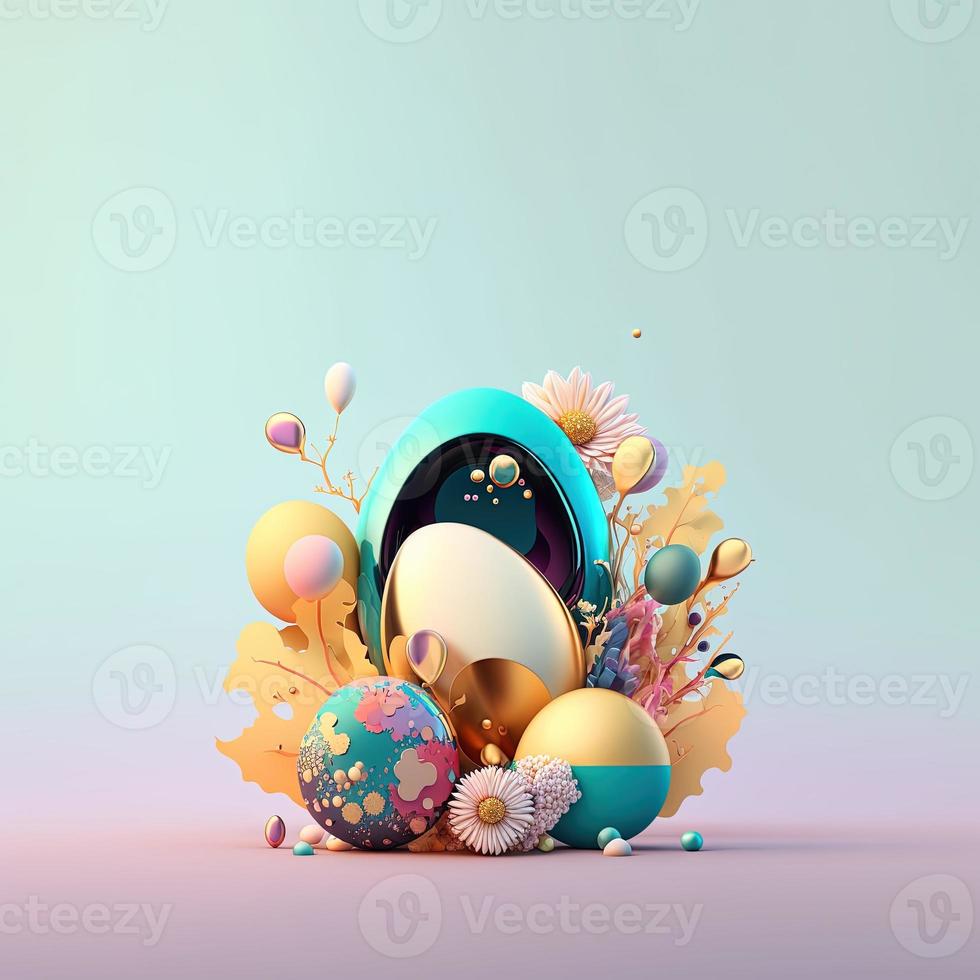 Colorful Easter Celebration Background with Shiny 3D Eggs and Flowers photo