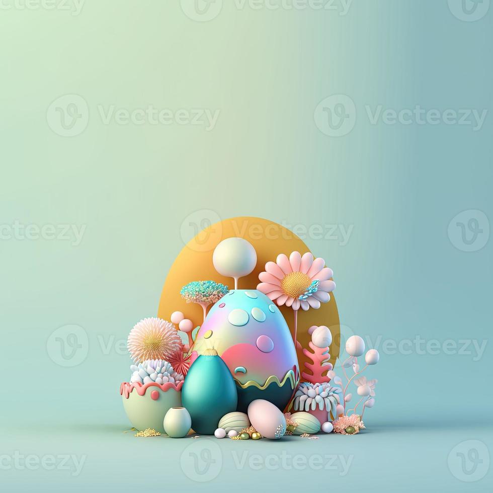 Colorful Easter Party Background with Glosy 3D Eggs and Flower Ornaments photo