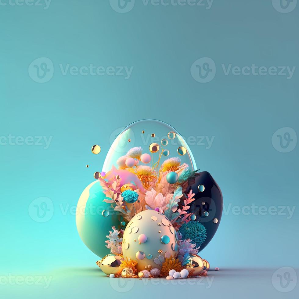 Happy Easter Illustration Background with Glosy 3D Eggs and Flower Ornaments photo