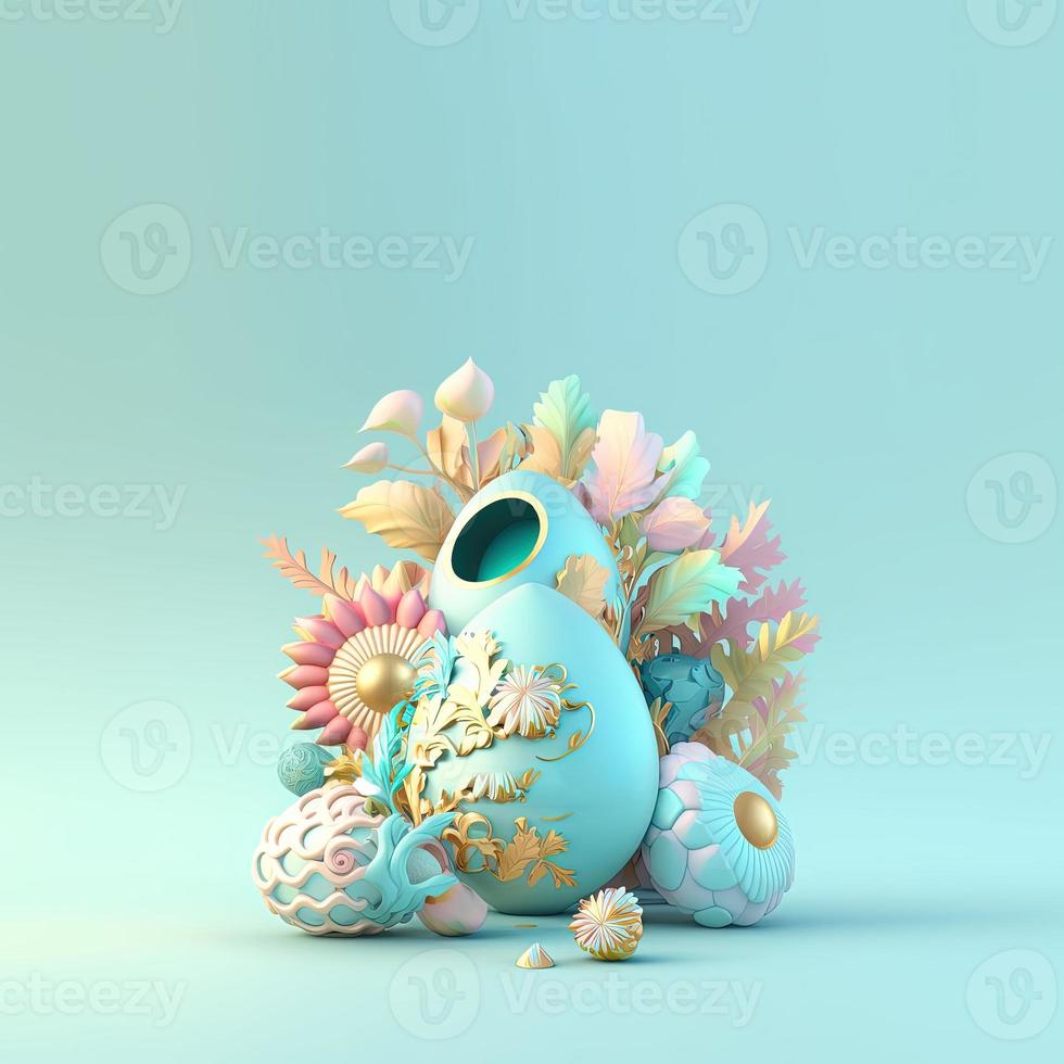 Easter Illustration Greeting Card with Shiny 3D Eggs and Flower Ornaments photo