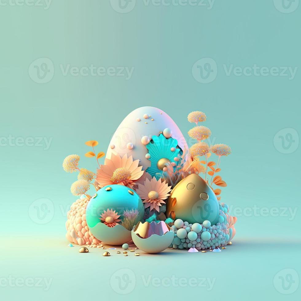 Happy Easter Illustration Greeting Card with Shiny 3D Eggs and Flowers photo