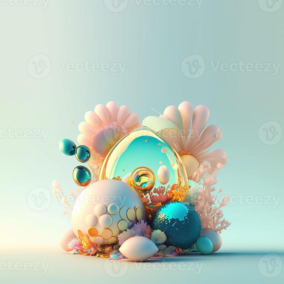 Colorful Easter Illustration Greeting Card with Shiny 3D Eggs and Flower Ornaments photo