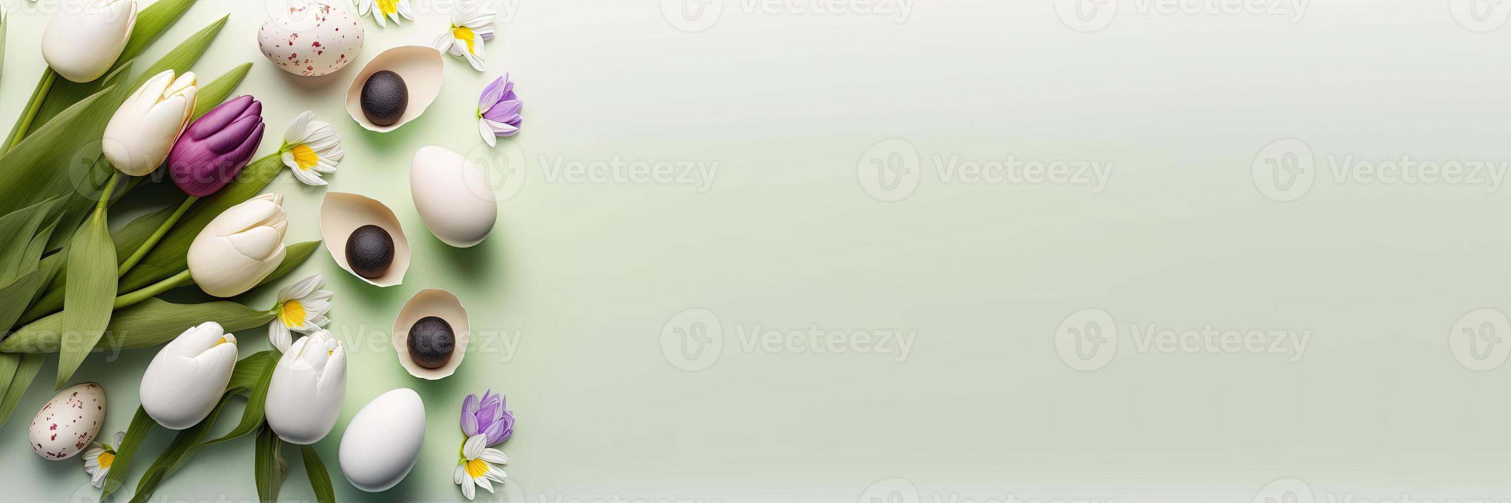 Decorated Tulips and Eggs On a Clean Background for An Easter Banner photo