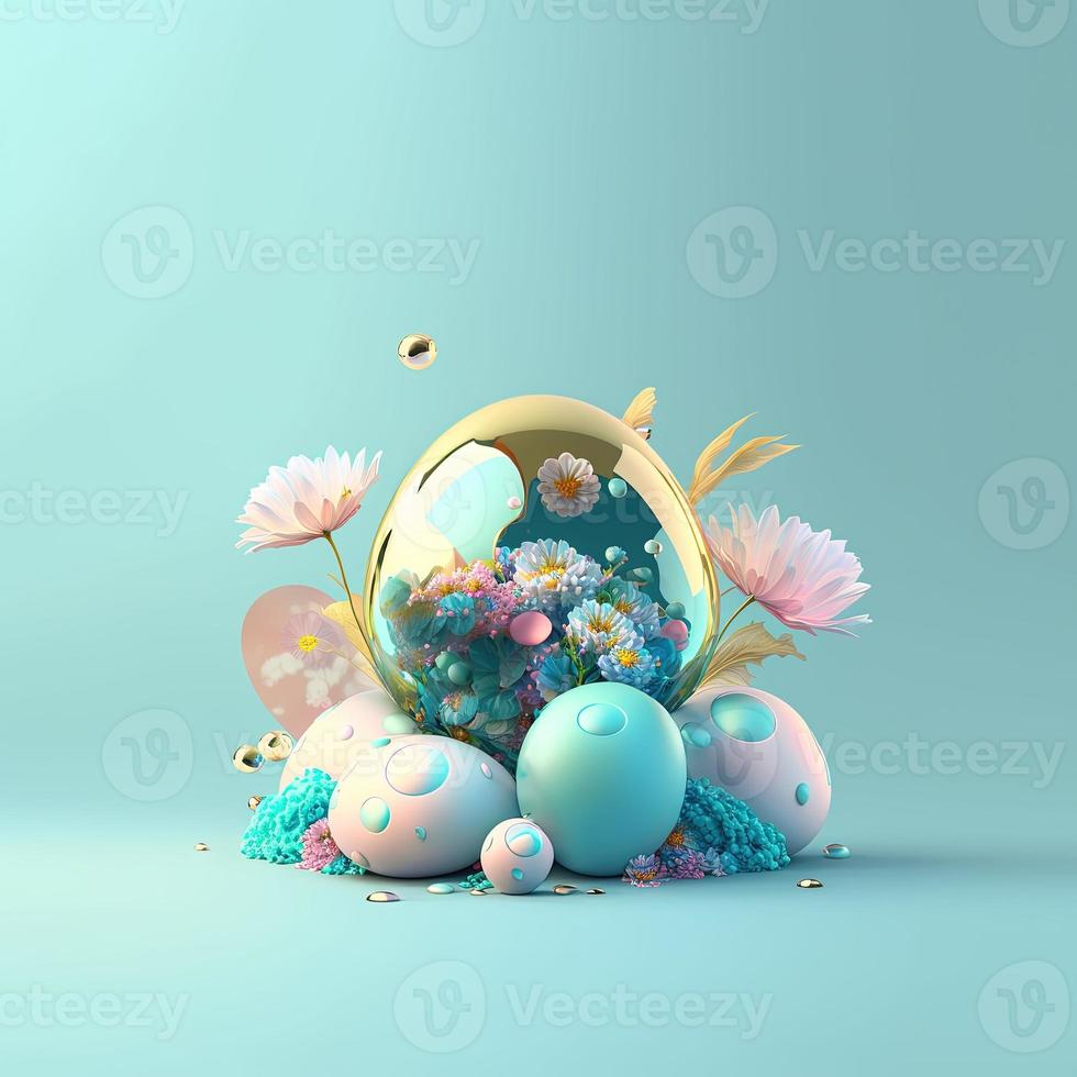 Colorful Easter Greeting Card with Shiny 3D Eggs and Flowers photo