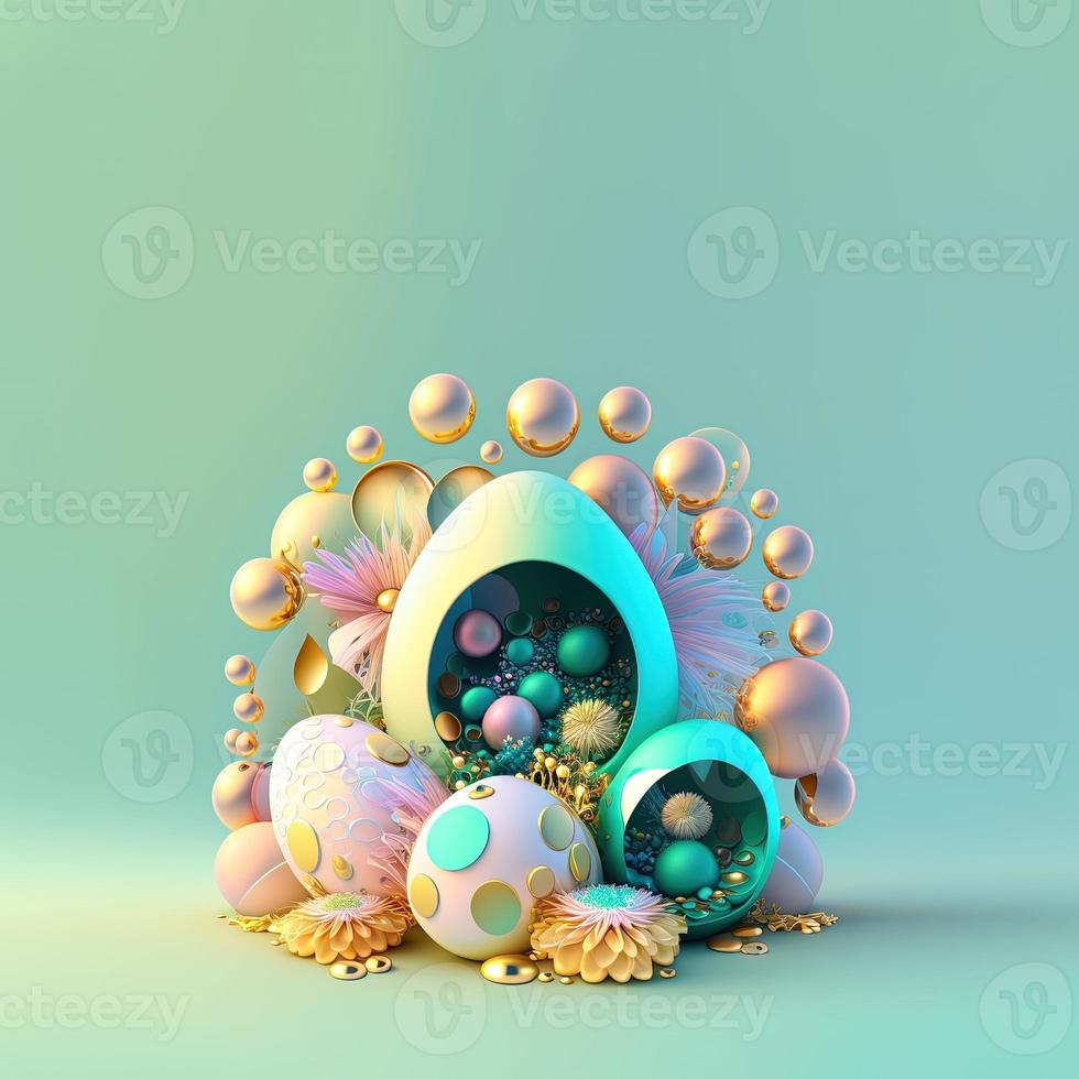 Happy Easter Party Greeting Card with Shiny 3D Eggs and Flower Ornaments photo
