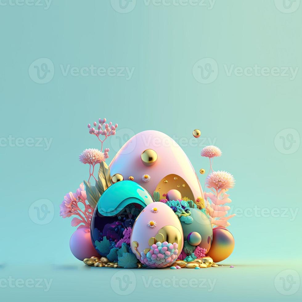 feliz fondo de fiesta de pascua con espacio de copia en huevos 3d brillantes y adornos florales foto