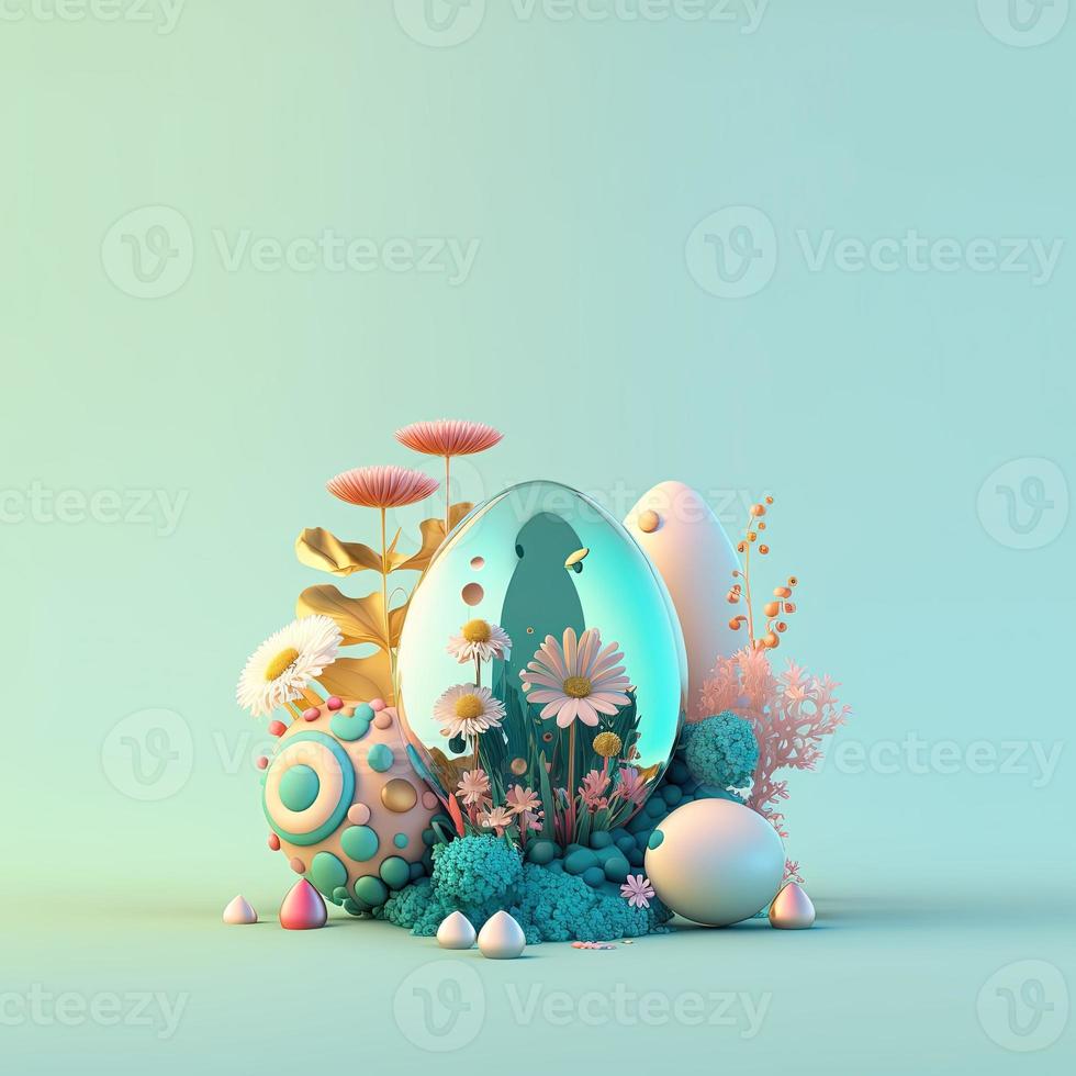 Easter Greeting Card with Copy Space In Shiny 3D Eggs and Flower Ornaments photo