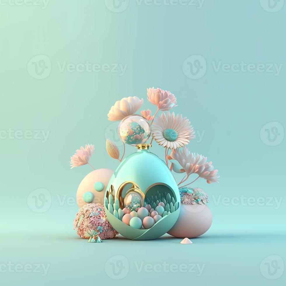 Easter Celebration Background with Glosy 3D Eggs and Flower Ornaments photo