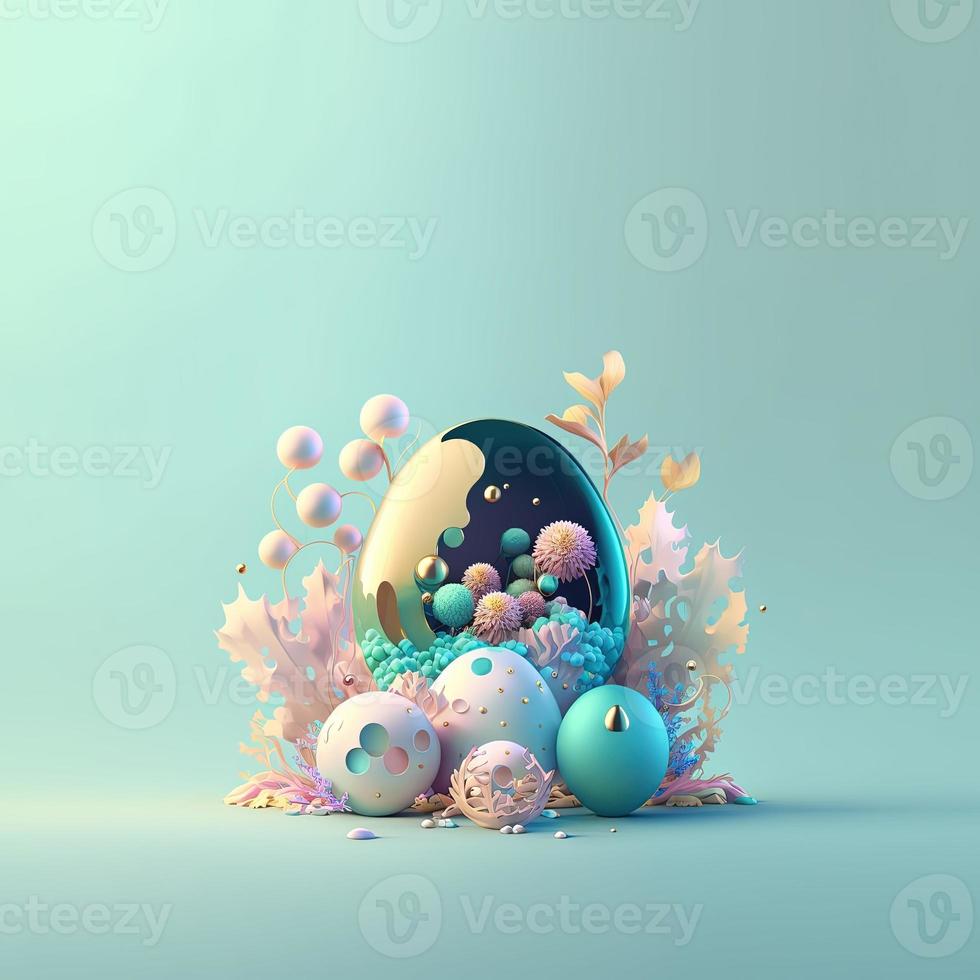 Easter Party Background with Glosy 3D Eggs and Flower Ornaments photo