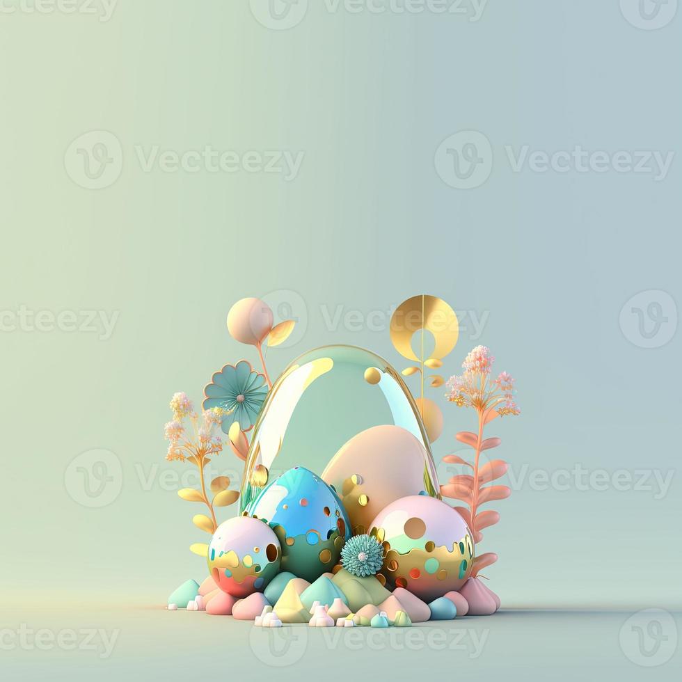 Happy Easter Celebration Greeting Card with Glosy 3D Eggs and Flower Ornaments photo