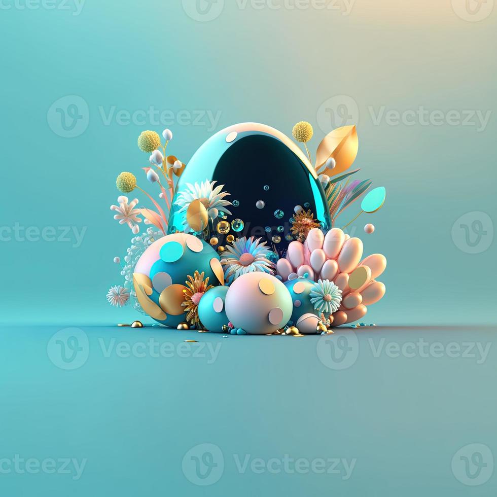 Happy Easter Greeting Card with Glosy 3D Eggs and Flowers photo
