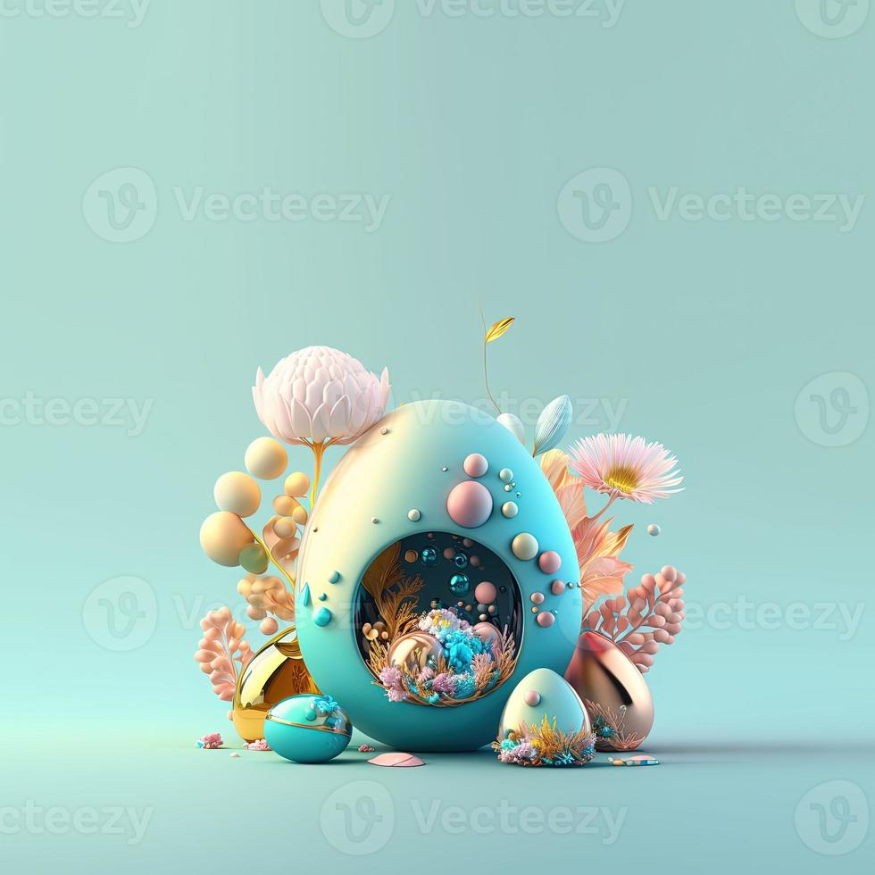Colorful Easter Background with Shiny 3D Eggs and Flowers photo