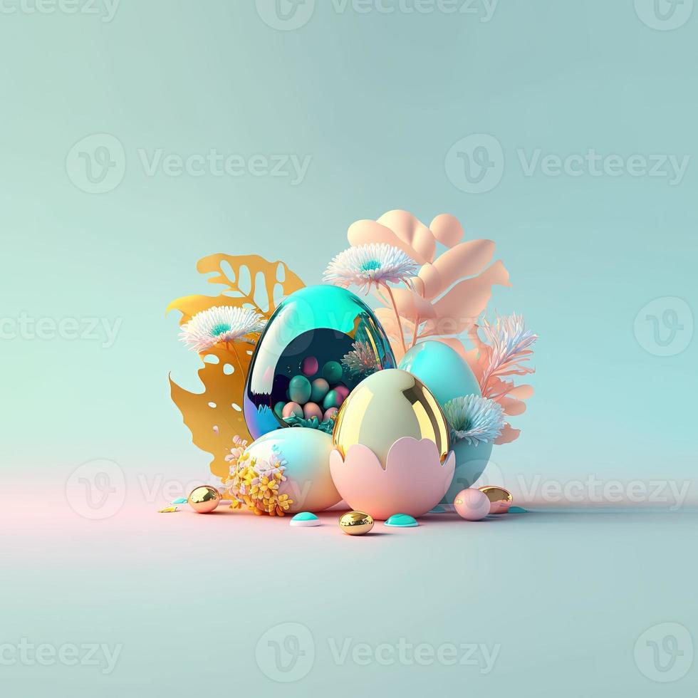 Happy Easter Party Background with Shiny 3D Eggs and Flowers photo