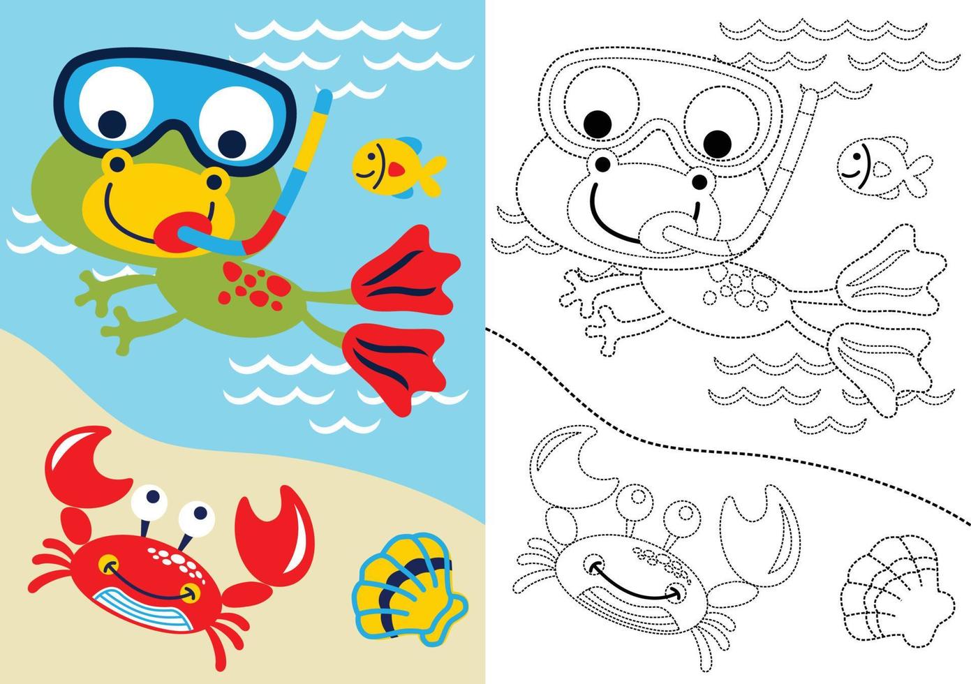 vector cartoon of frog wearing goggles diving with marine animals, coloring book or page