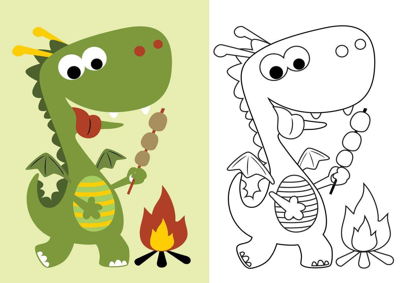 vector cartoon of funny dragon roasting meatballs, coloring book or page