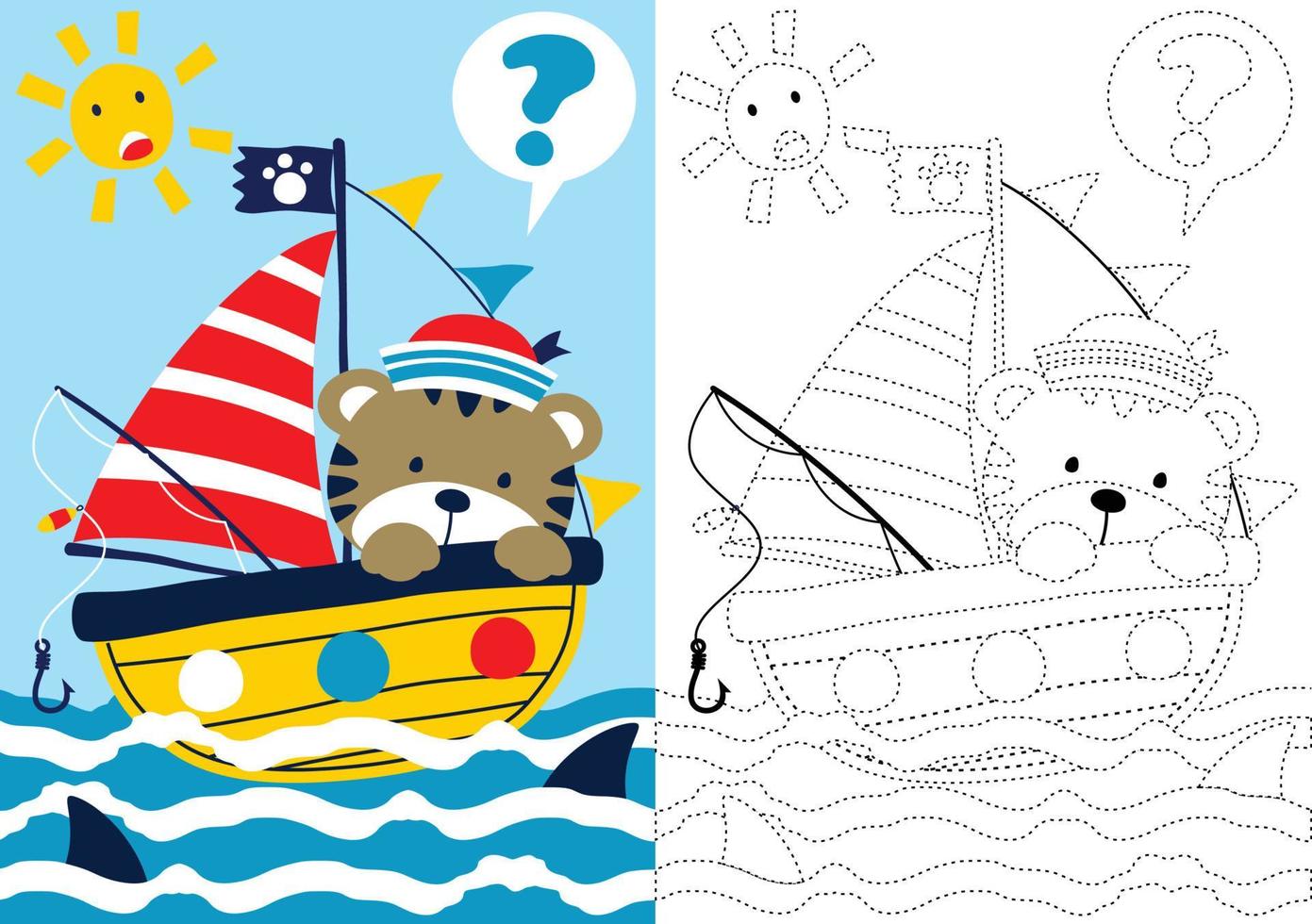 vector cartoon of cat on sailboat under shark attack, coloring book or page