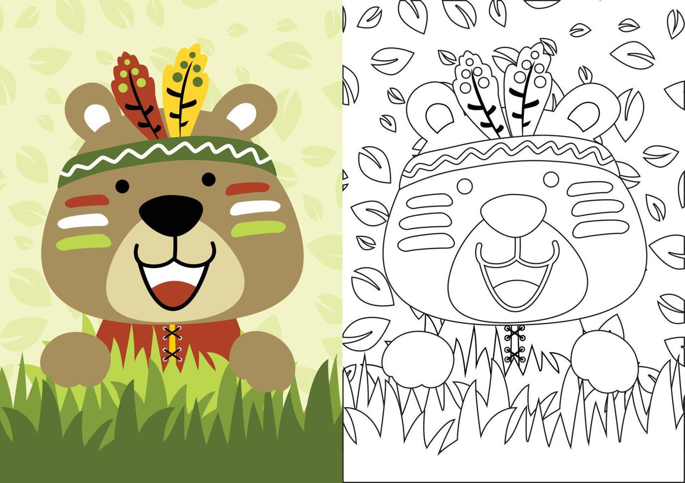 vector cartoon of cute bear wearing feather headdress on leaves background, coloring book or page