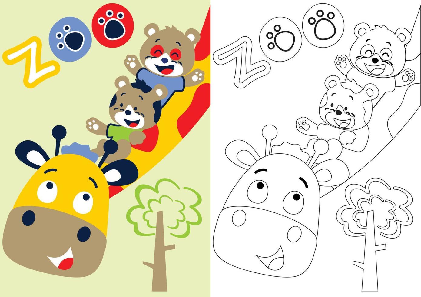 vector cartoon of cat and bear sliding on giraffe's neck, coloring book or page