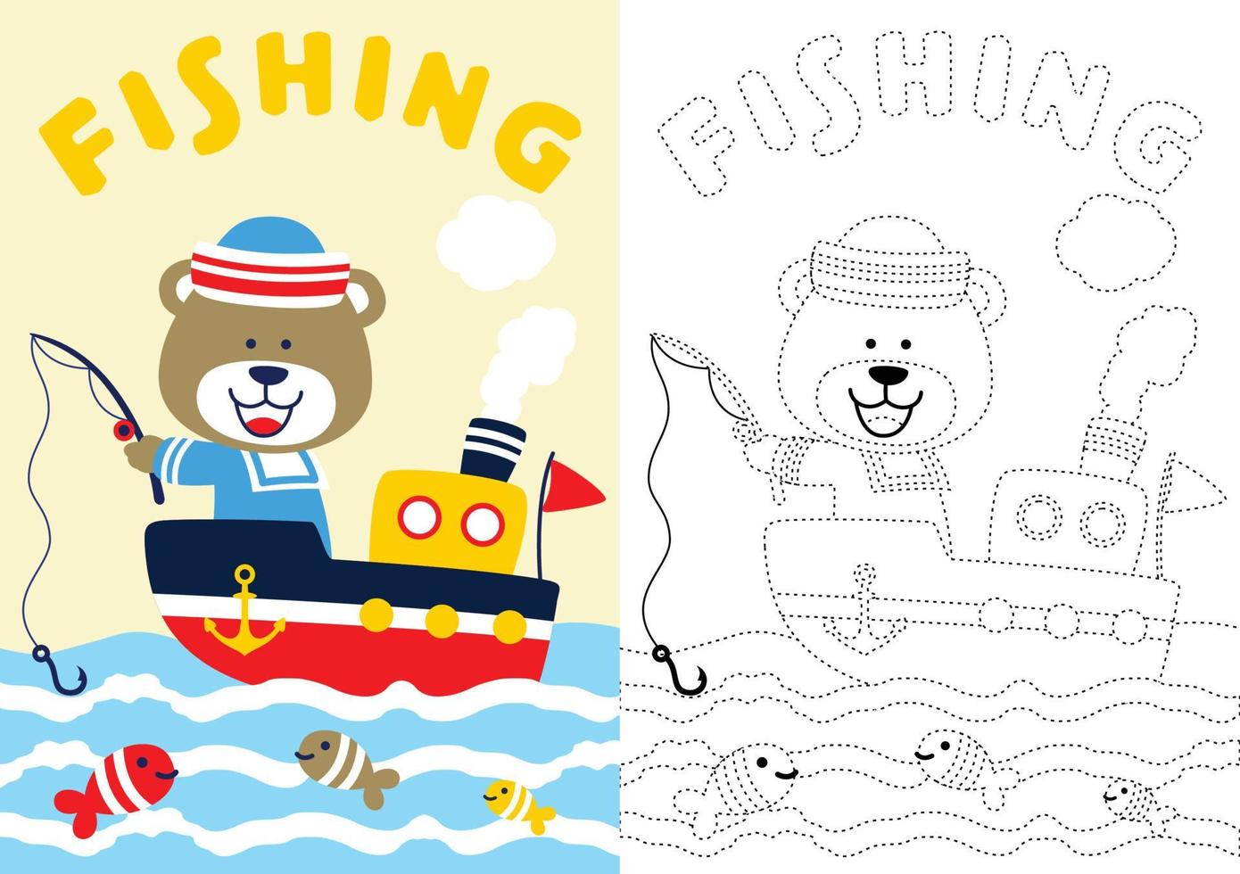 vector cartoon of bear in sailor costume fishing on the boat, coloring book or page