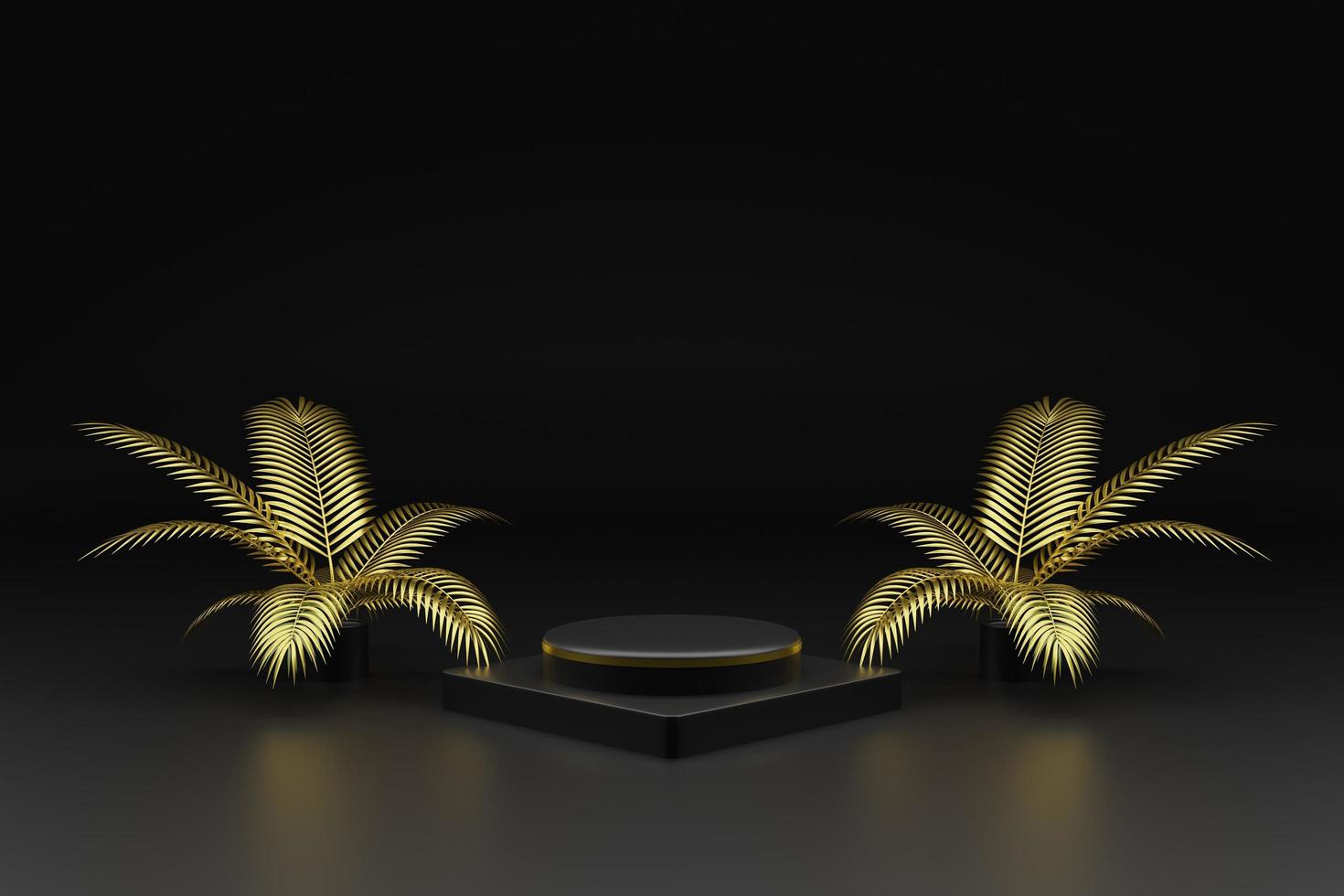 Black podium stand or blank stage with nature leaves on background. backdrop with studio template scene. 3D rendering photo