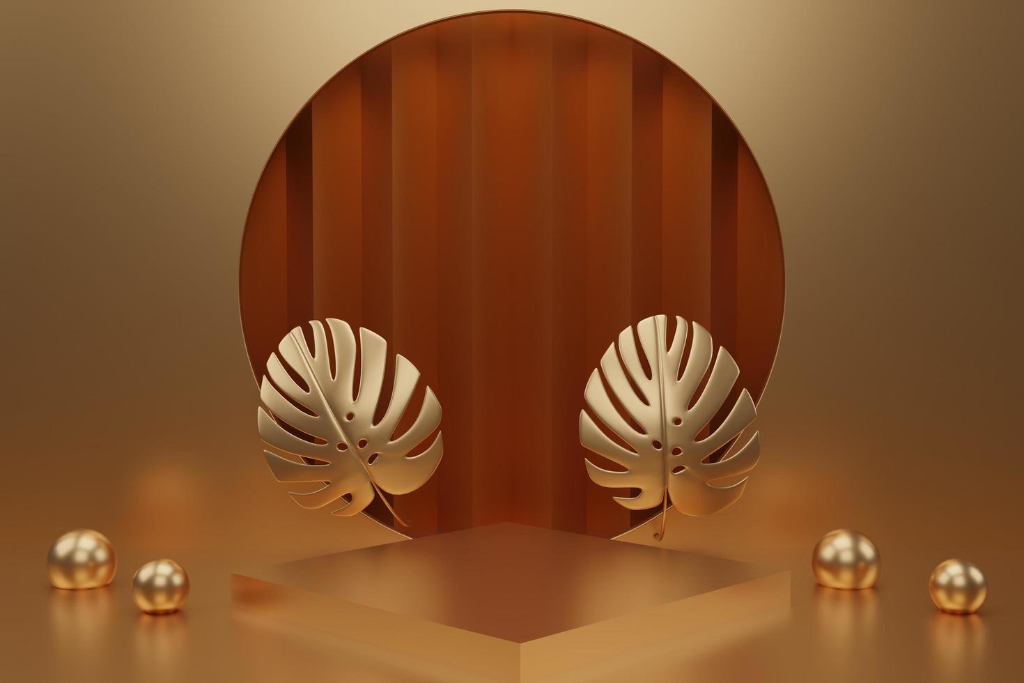 abstract geometric shape podium for product display with monstera leaf on Gold background 3d rendering photo