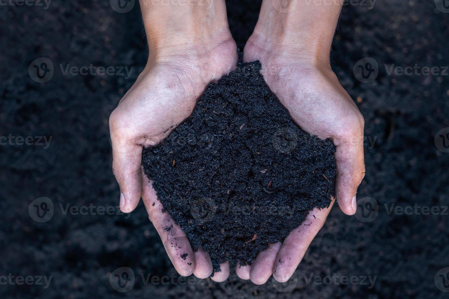 manos sosteniendo abundante suelo para la agricultura o preparándose para plantar el concepto de melocotón. probando muestras de suelo en las manos con fondo de suelo. concepto de calidad del suelo y agricultura. jardinería. foto