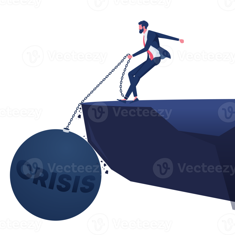 zakenman trekt harde grote ijzeren bal geketend aan zijn been. bedrijfscrisis en depressie concept png