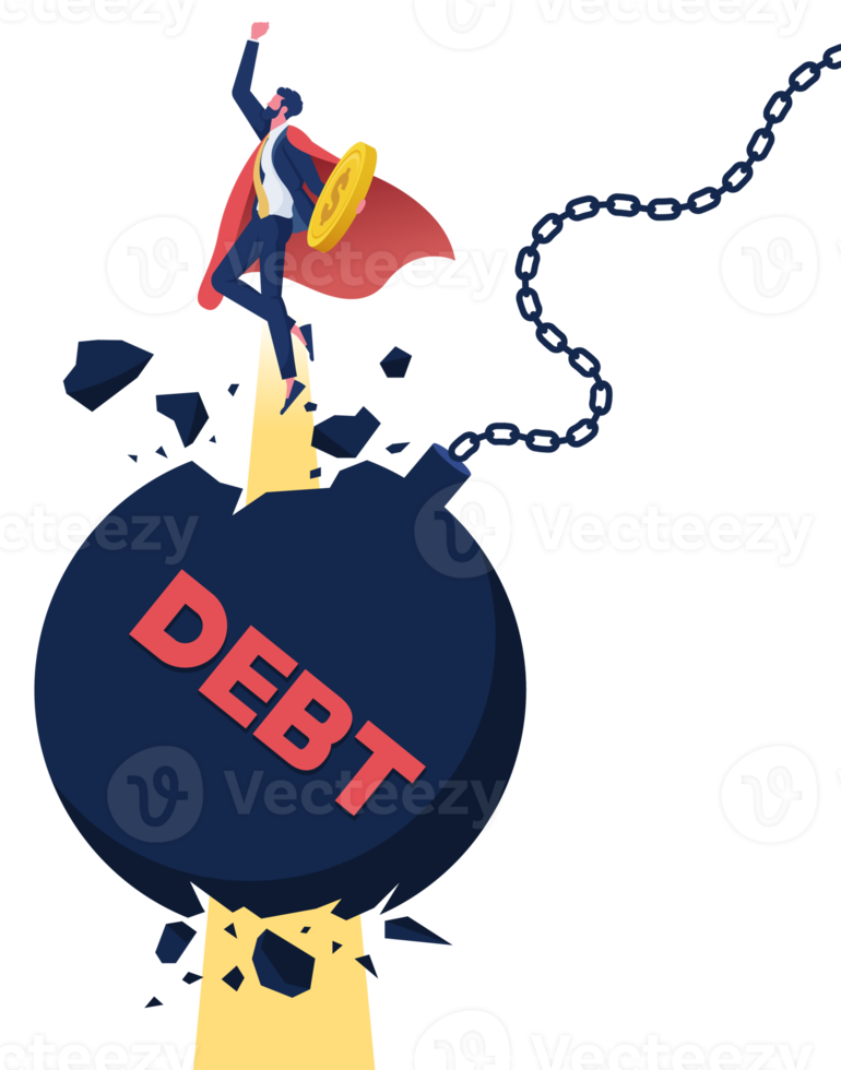 Super businessman punch cracked big debt ball-Debt management concept png