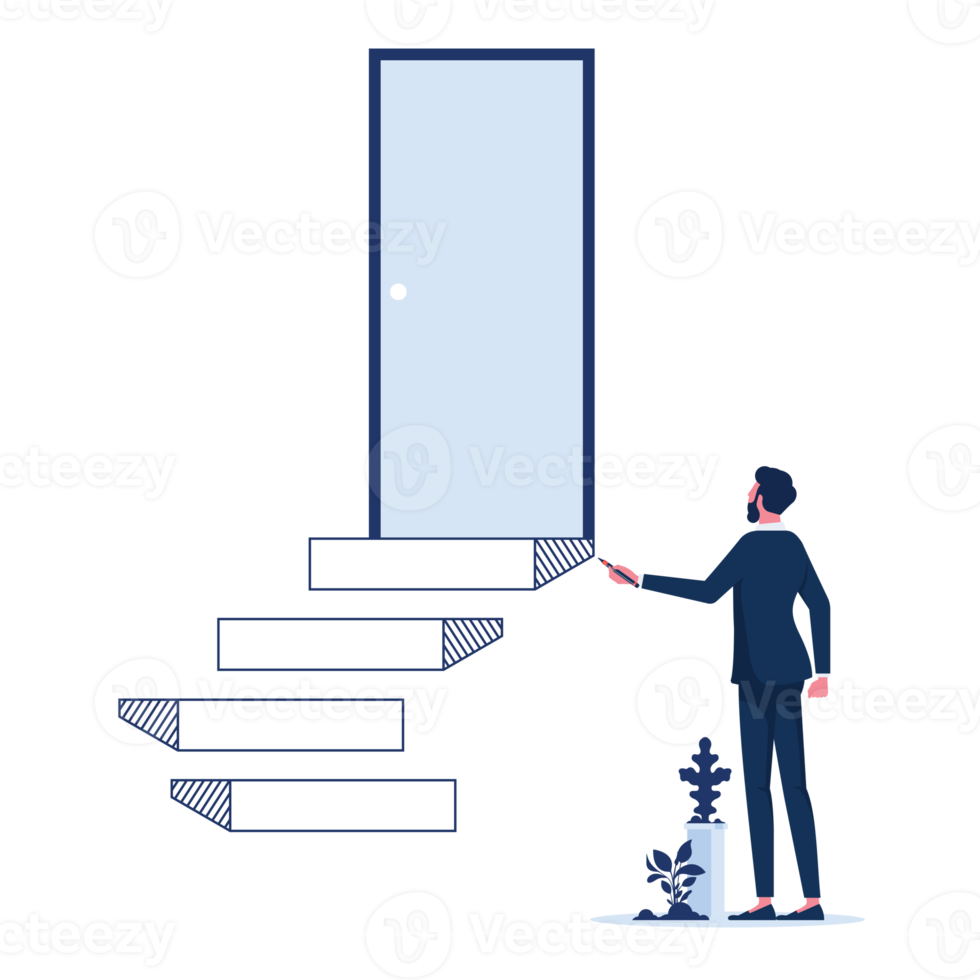 zakenvrouw tekening stappen naar deur Aan muur-business carrière uitdaging en kans concept png