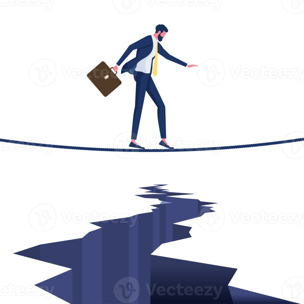 Geschäftsmann, der auf einem engen Seil über einem Crack-Geschäft geht und Schwierigkeiten überwindet png