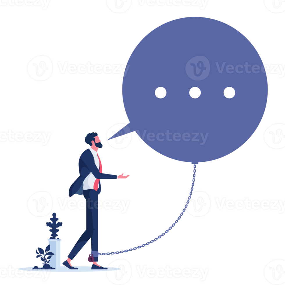 Geschäftsmann angekettet und gefesselt an ein großes Konzept der Sprechblasen-Geschäftsbindung png