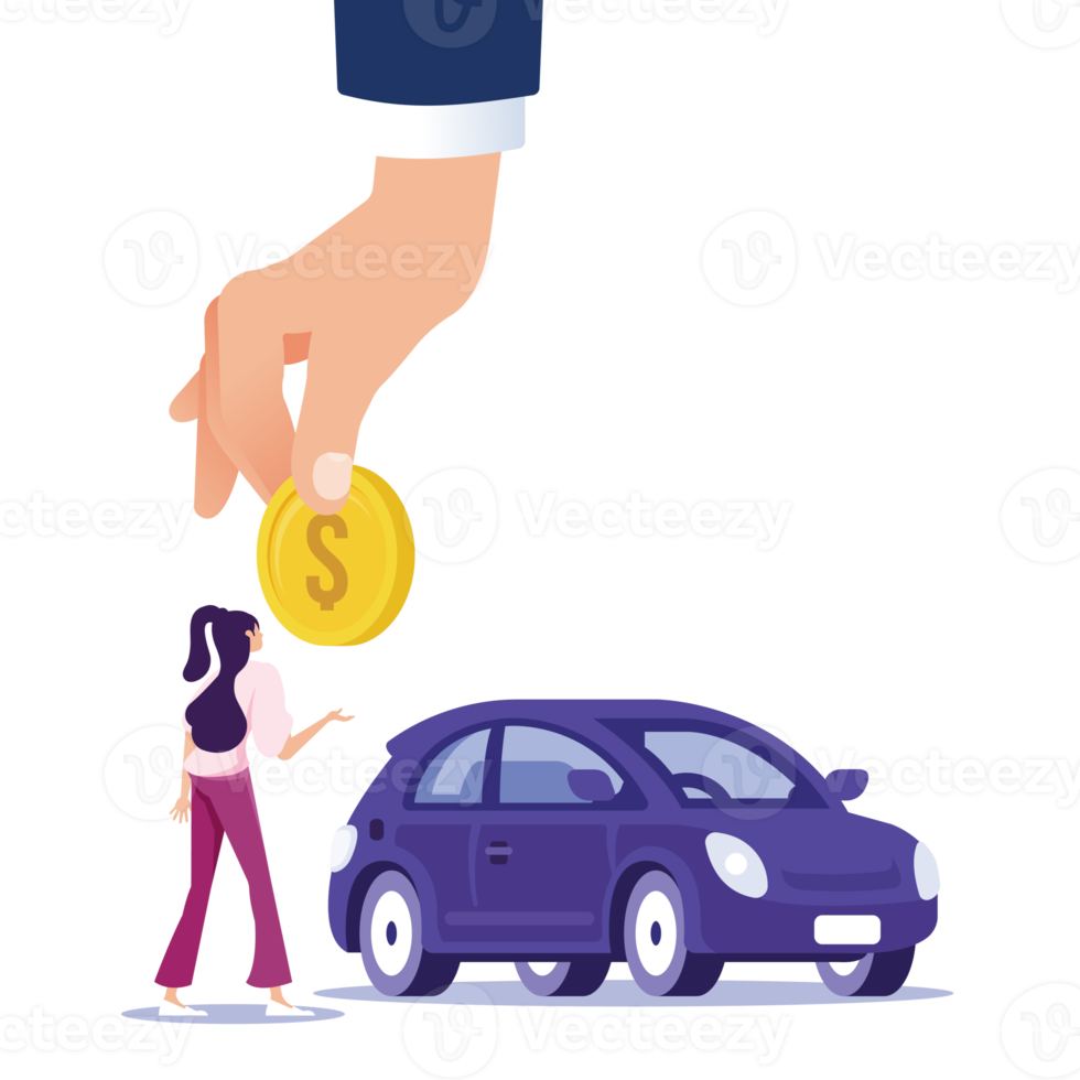 Big hand of agent hold coin to buy car from woman-Car rental or sale concept png