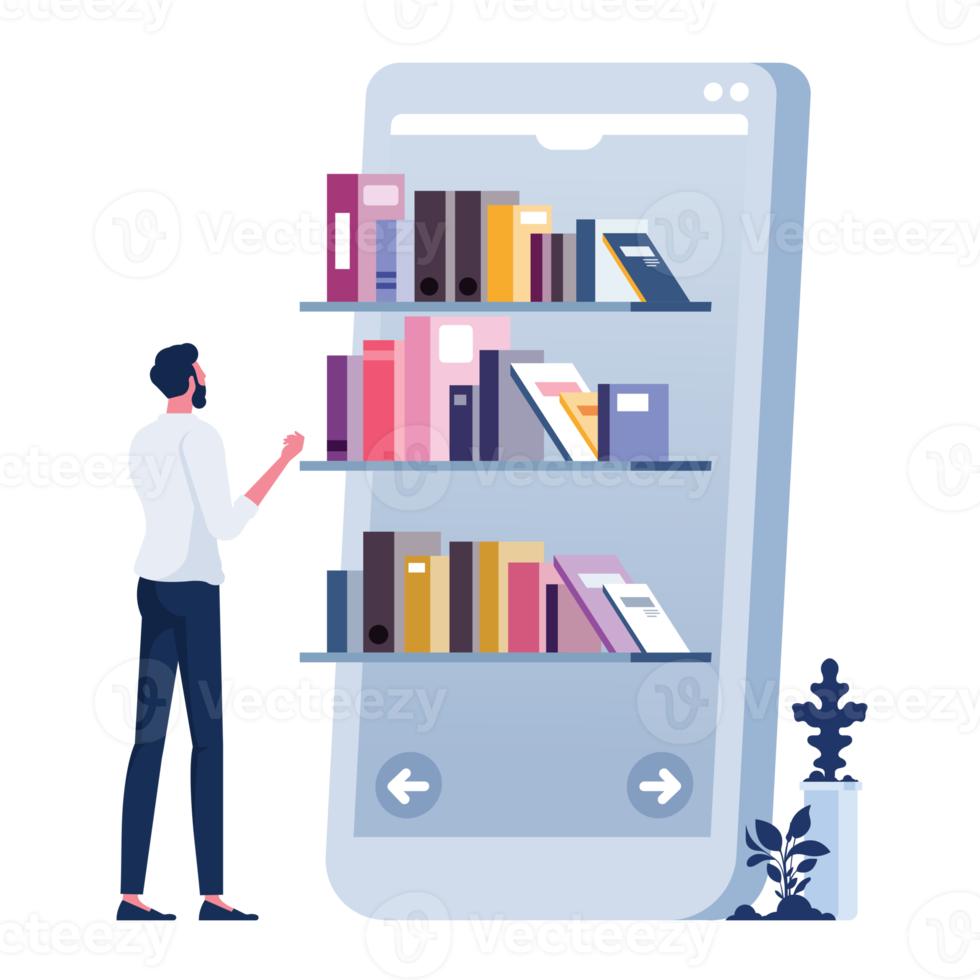 Online reading-Businessman taking books from bookshelf on smartphone screen. Mobile library concept png