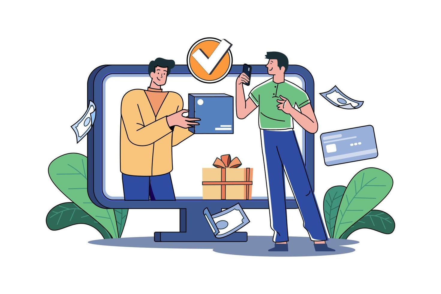 The Man Received The Item Directly From The Seller Through The Computer Screen. vector