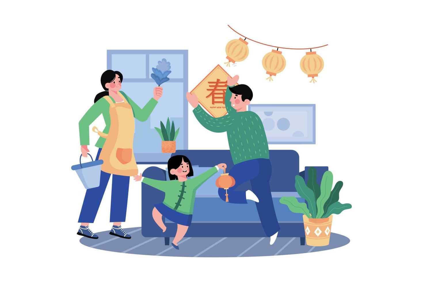 The Family Has Wall Decorations When Preparing The House For The Lunar New Year. vector