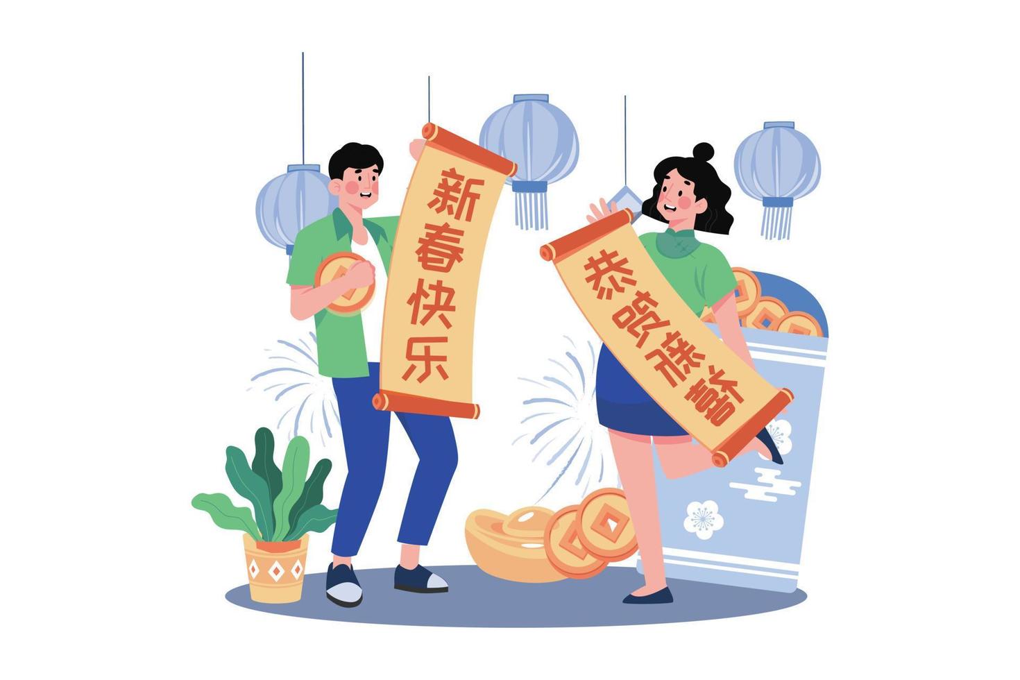 The Couple Gives Lucky Wishes For The New Year. vector