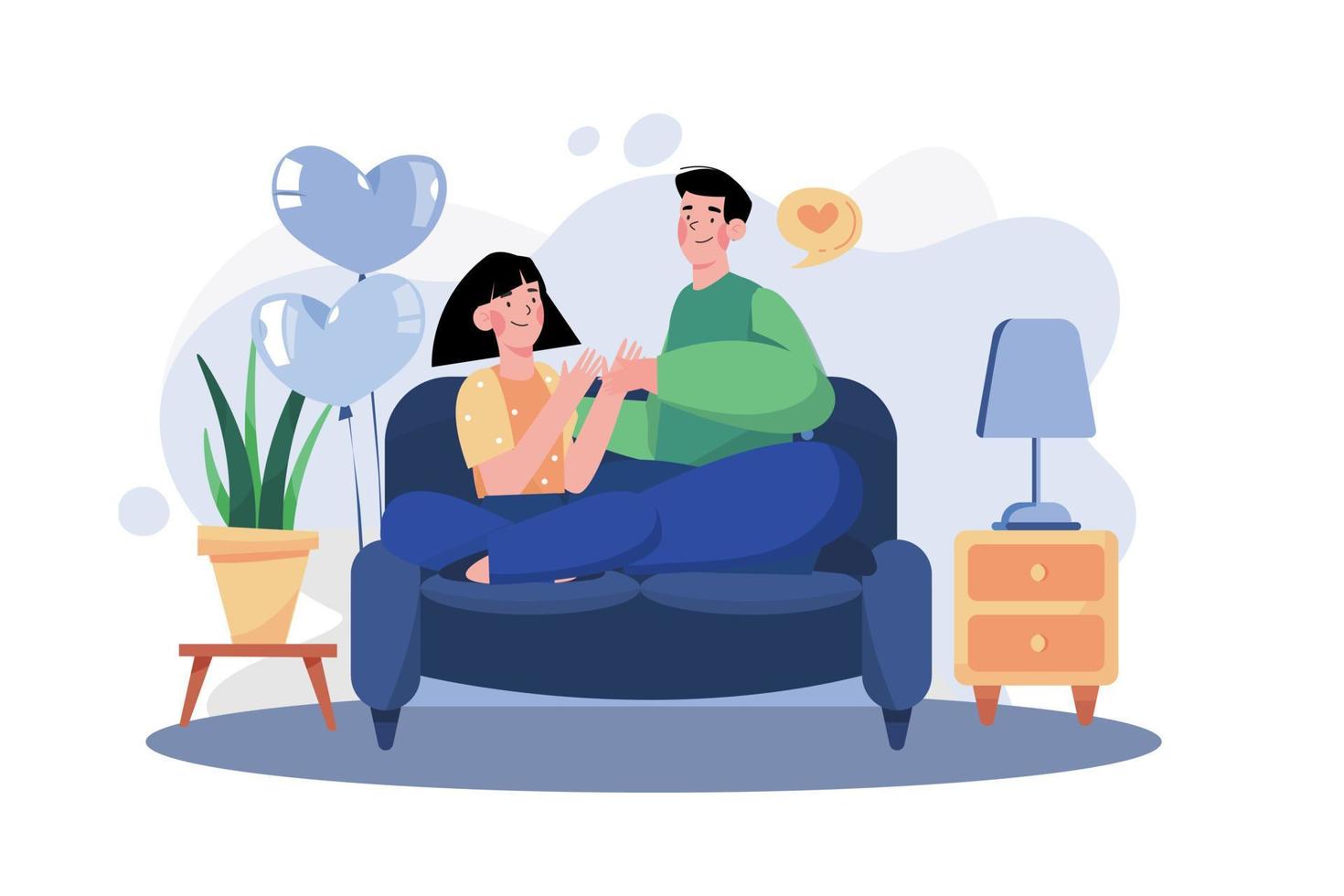 Couple Sit Talk Good Conversation On Sofa. vector