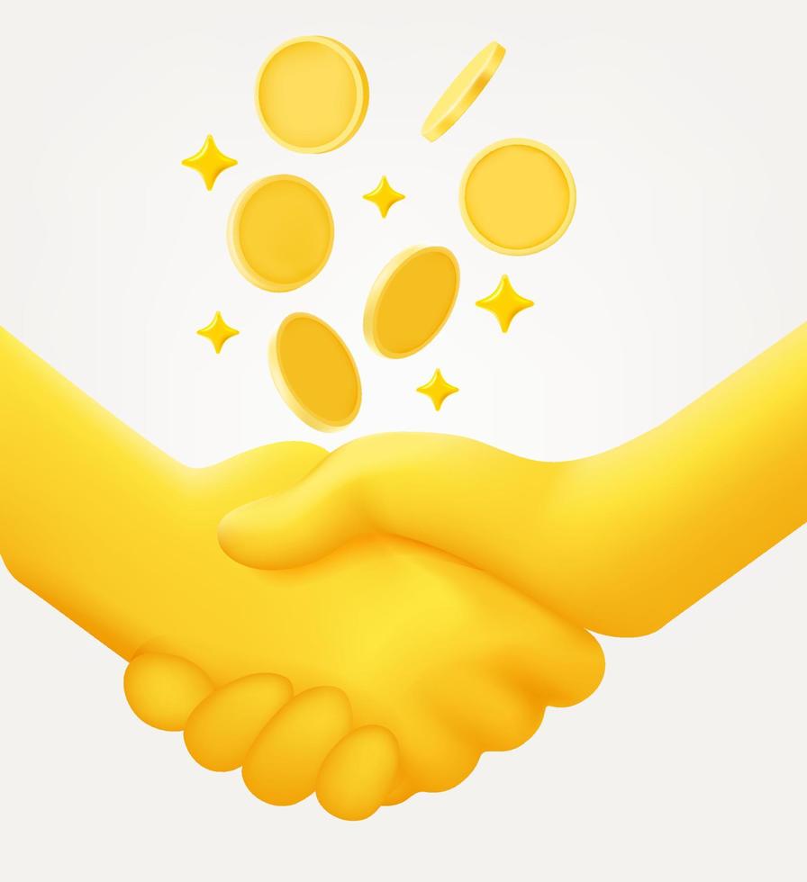 Business partners shaking hands. Earn money business team concept with coins. 3d vector illustration isolated on white background