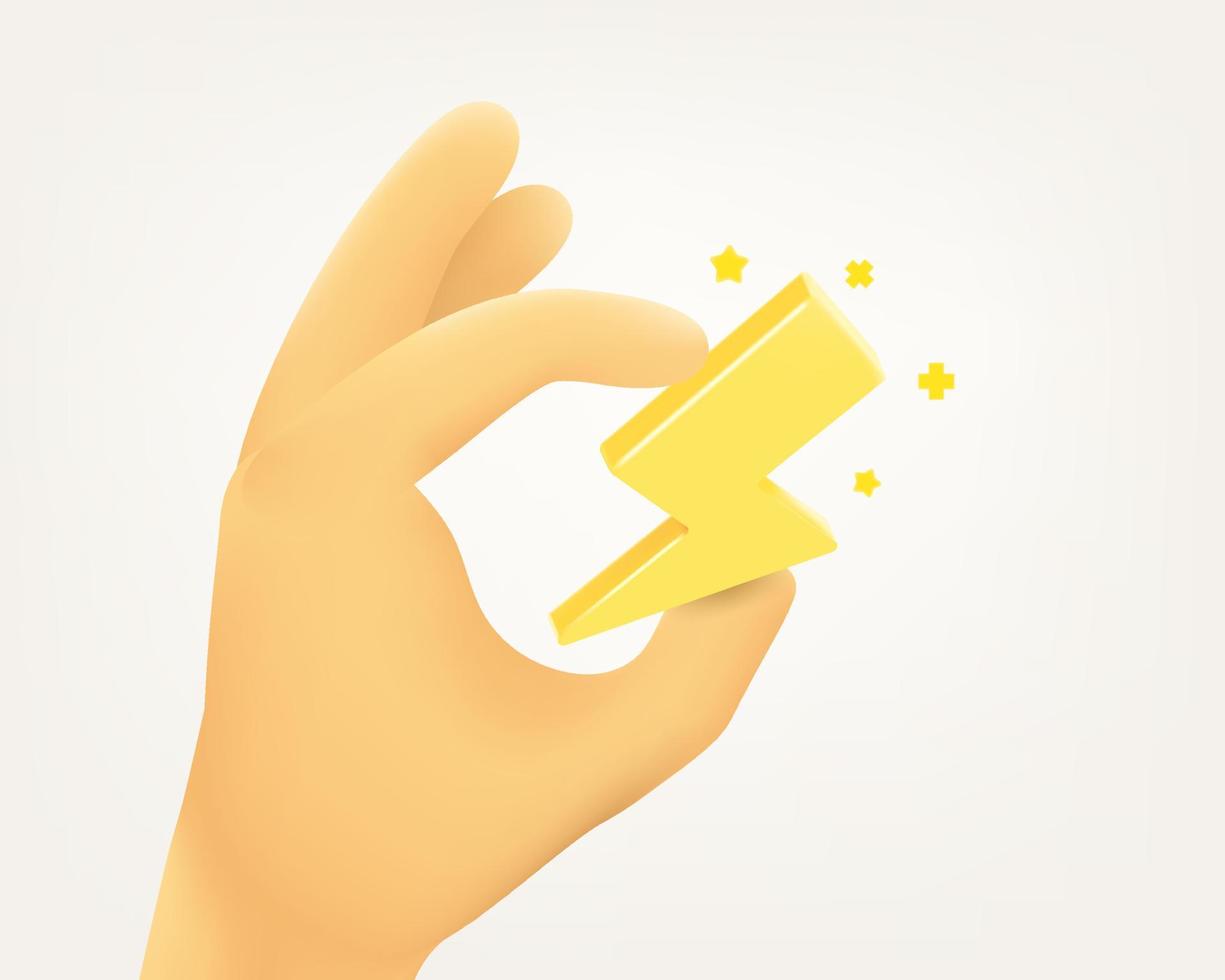 Cute cartoon human hand holding thunderbolt icon. 3d vector illustration