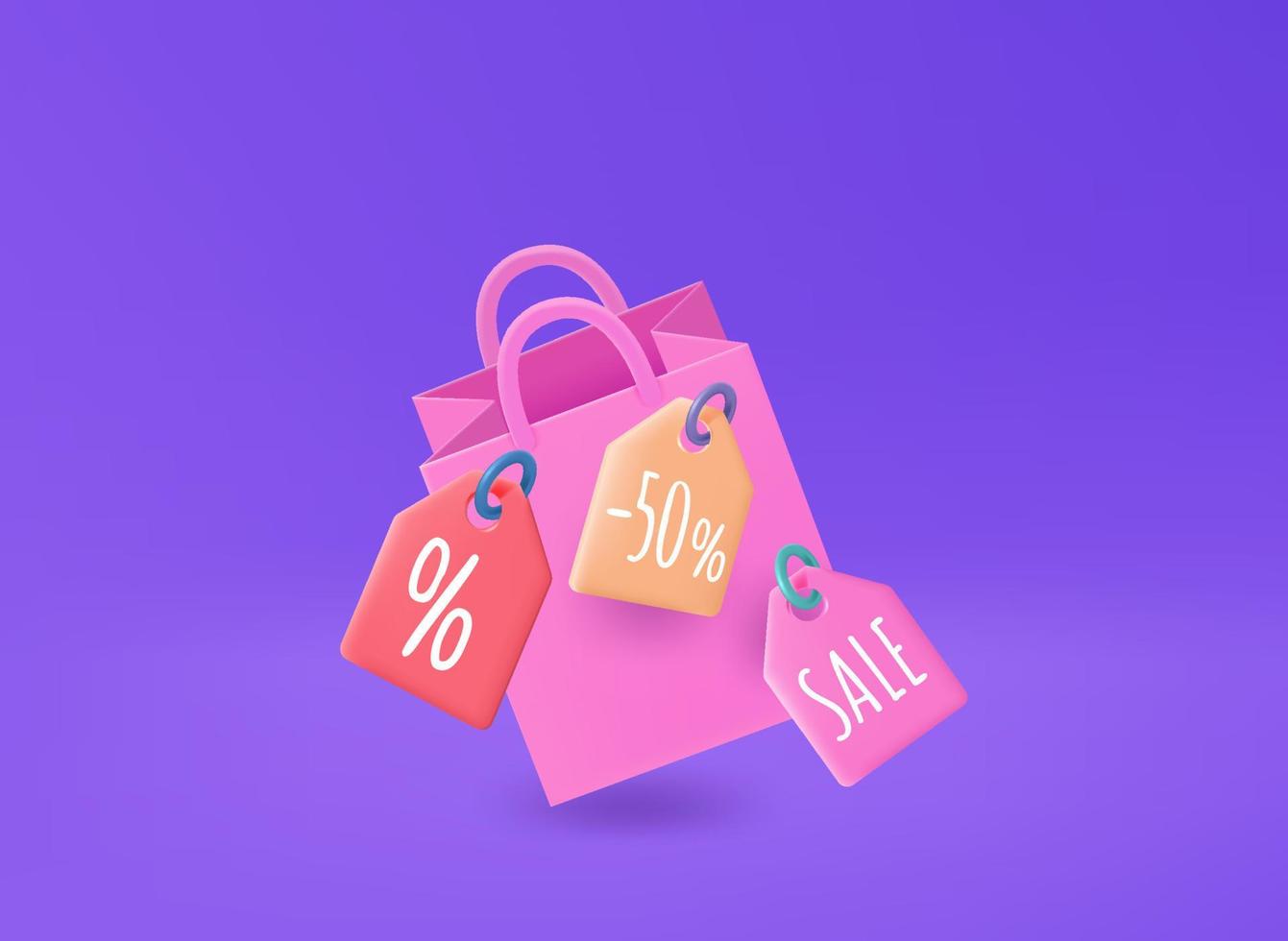 bolsa de compras con etiquetas de descuento. ilustración vectorial 3d vector