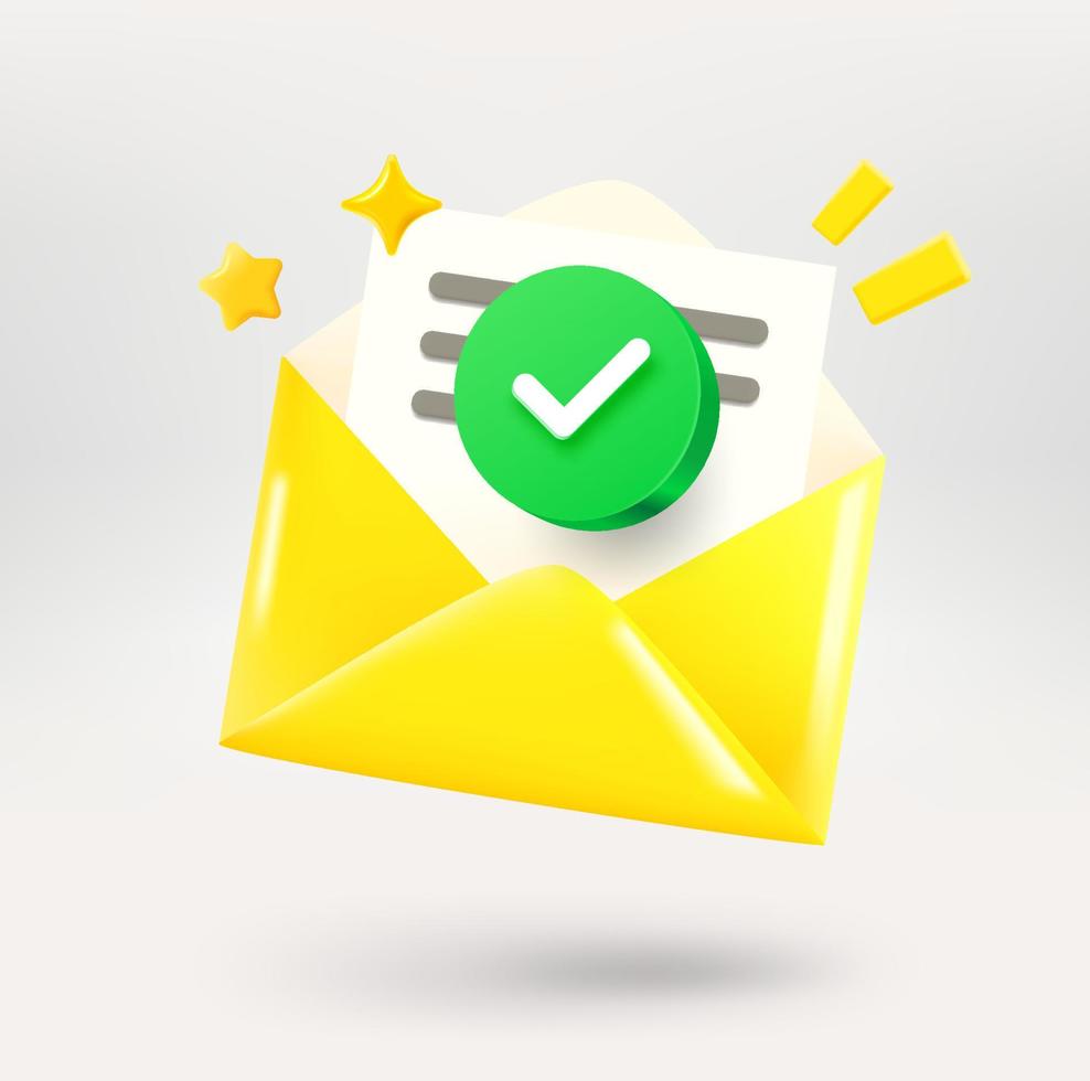 Yellow paper envelope with green checkmark on white background. No viruses cincept. 3d vector icon isolated on white
