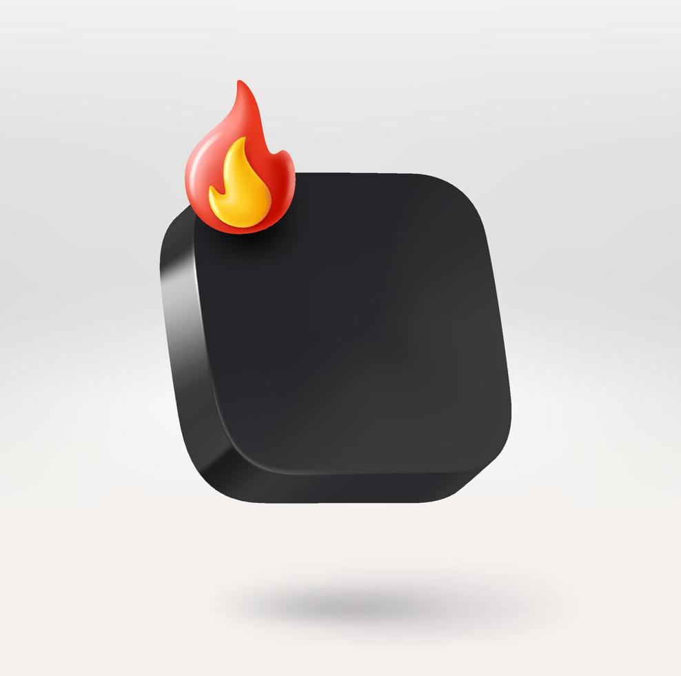 Black empty app icon with bonfire. Place your logo or icon into button. 3d vector icon isolated on white background