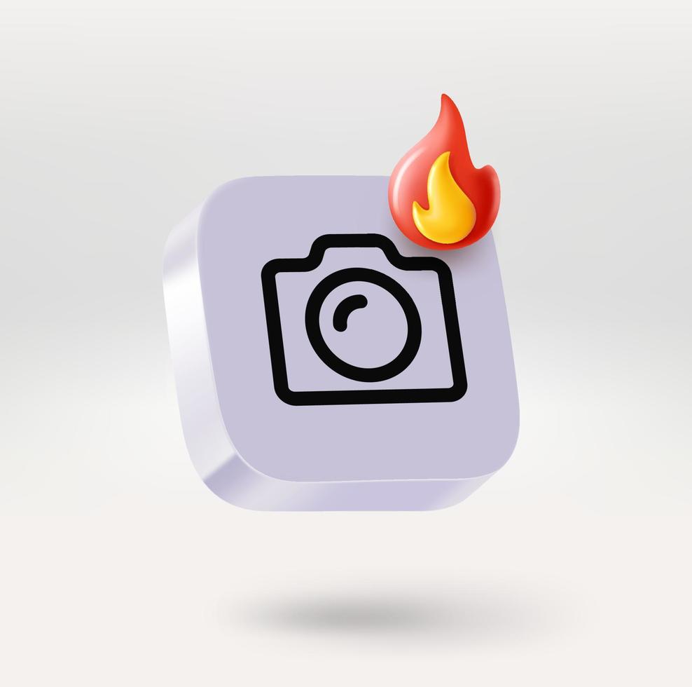 icono de la aplicación móvil con cámara y signo de llama. coloque su logotipo o icono en el botón. Icono de vector 3D aislado sobre fondo blanco.