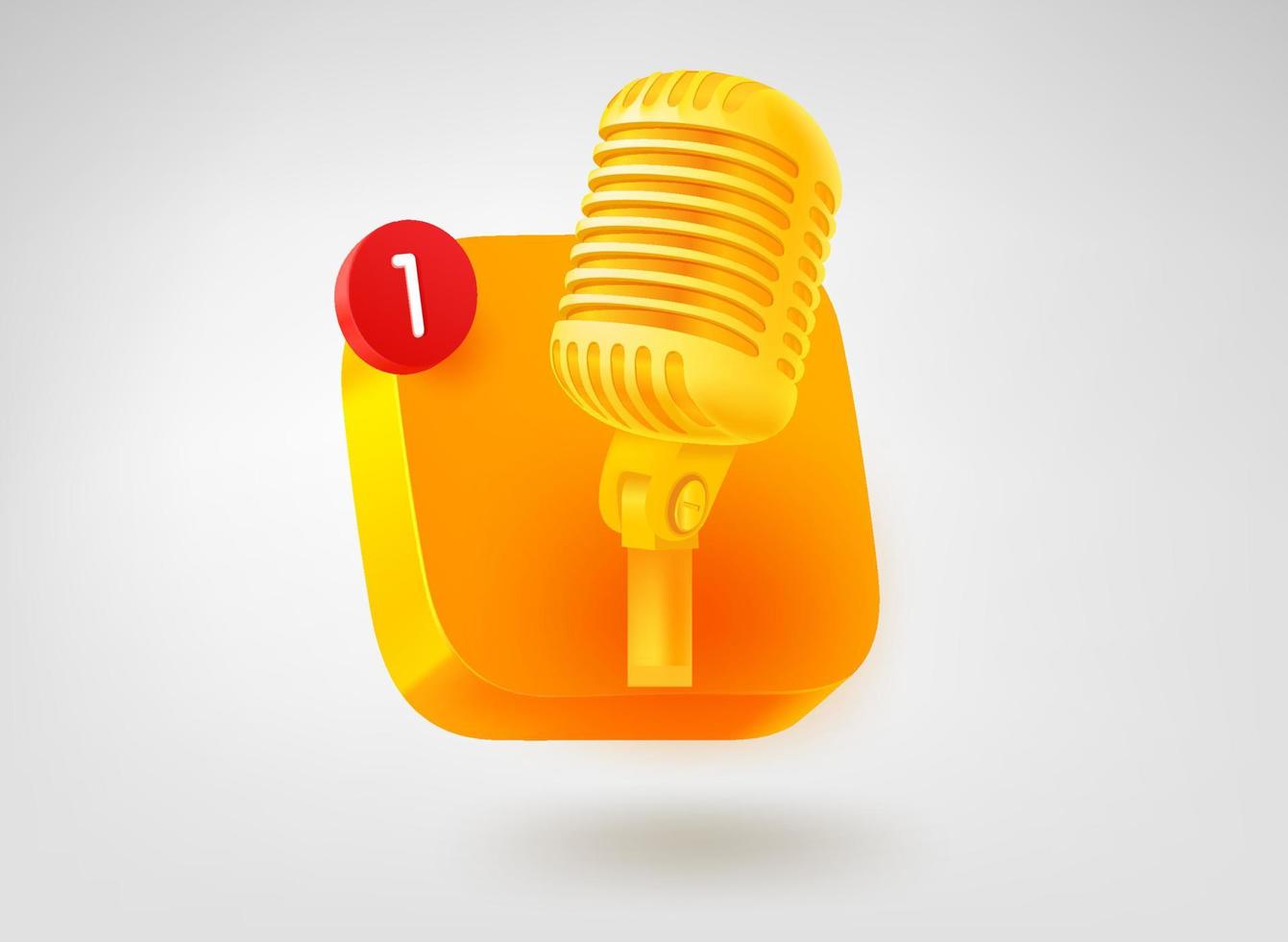 Golden microphone button. 3d vector mobile application icon