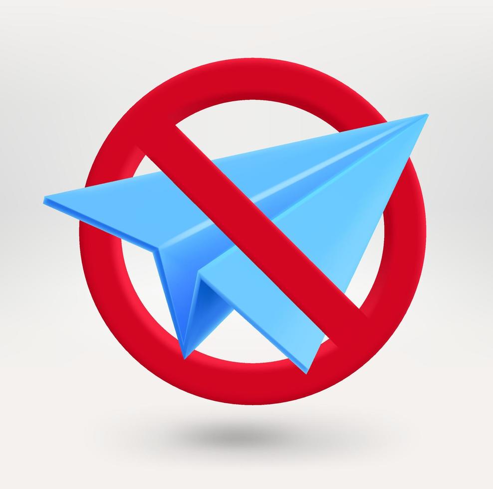 Paper plane icon in red circle with crossed line. No messages concept. 3d vector icon