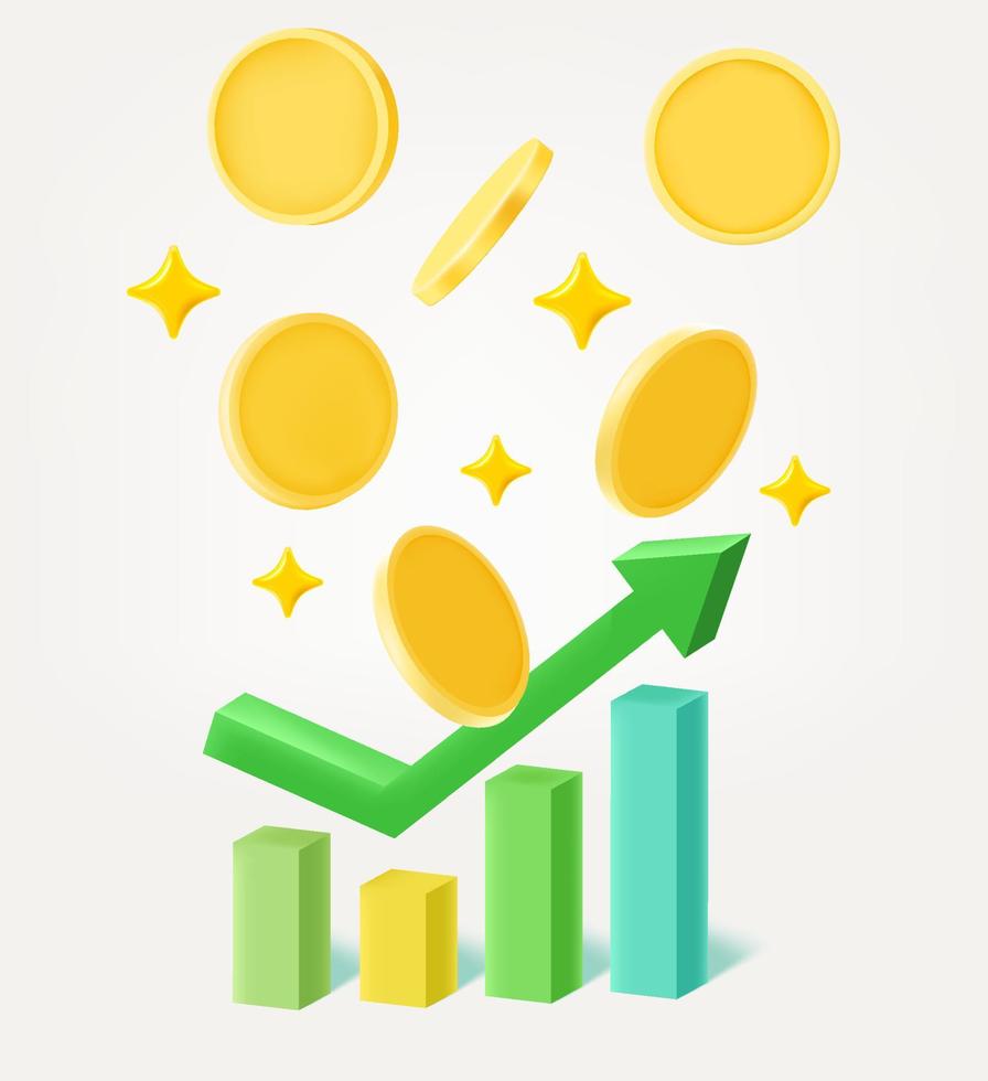 gráfico de negocios con monedas de oro. concepto de éxito empresarial. ilustración vectorial 3d aislada sobre fondo blanco vector