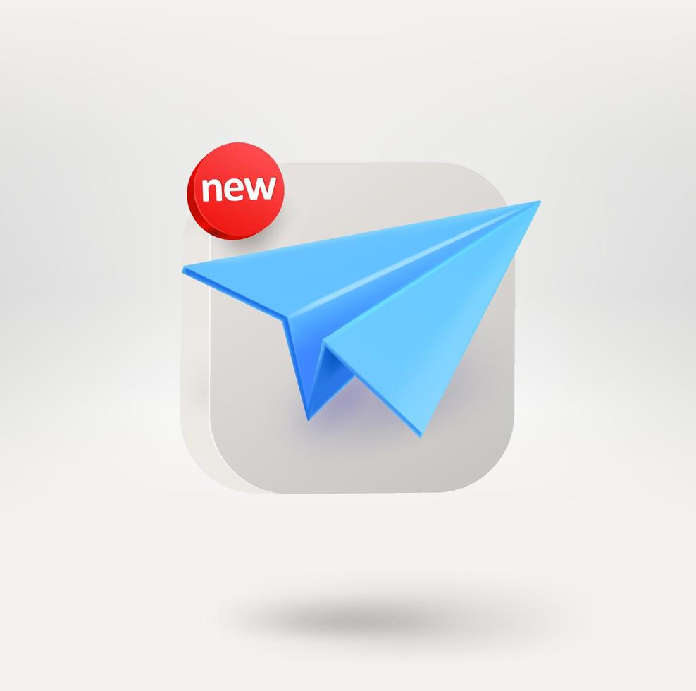 Blue paper plane on a white button. Application icon template. 3d vector icon isolated on white